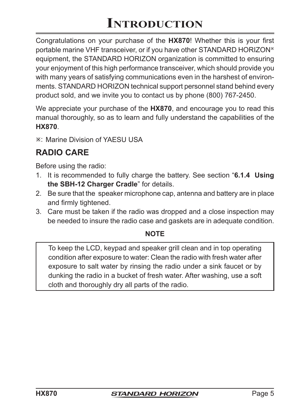 Ntroduction, Radio care | Standard Horizon HX-870 User Manual | Page 5 / 140