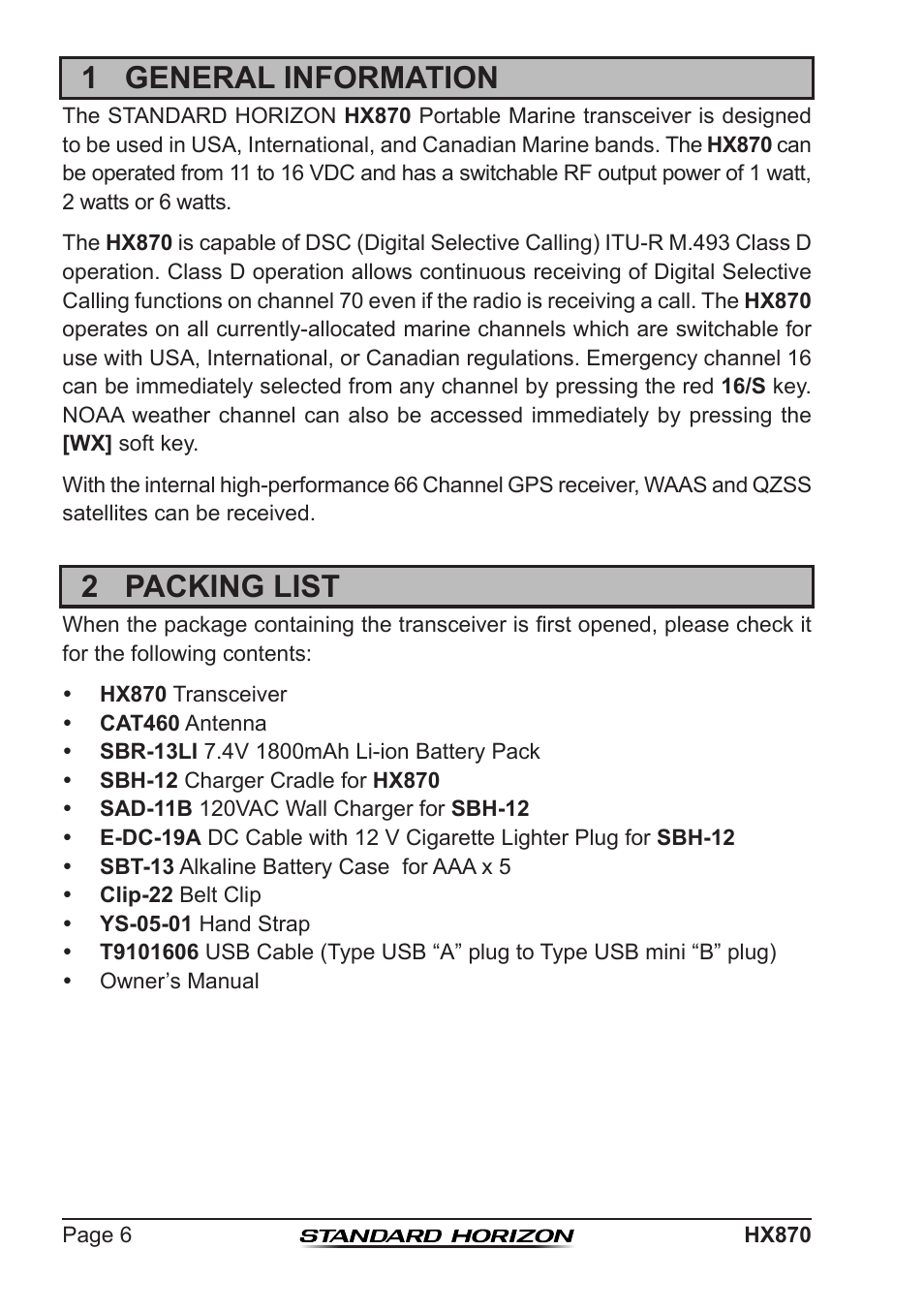 1 general information, 2 packing list | Standard Horizon HX-870 User Manual | Page 6 / 140