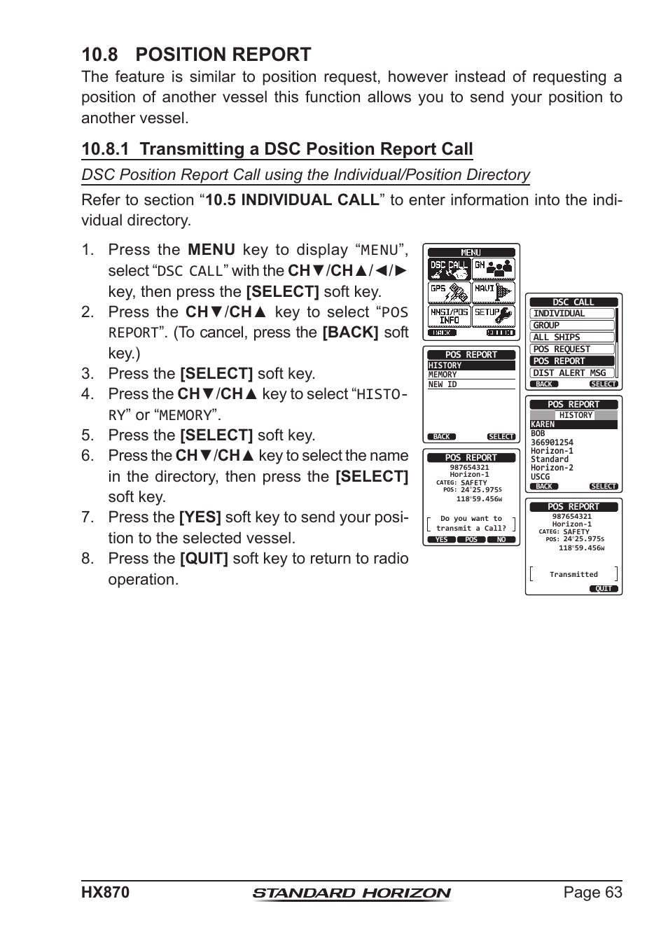 8 position report, 1 transmitting a dsc position report call | Standard Horizon HX-870 User Manual | Page 63 / 140