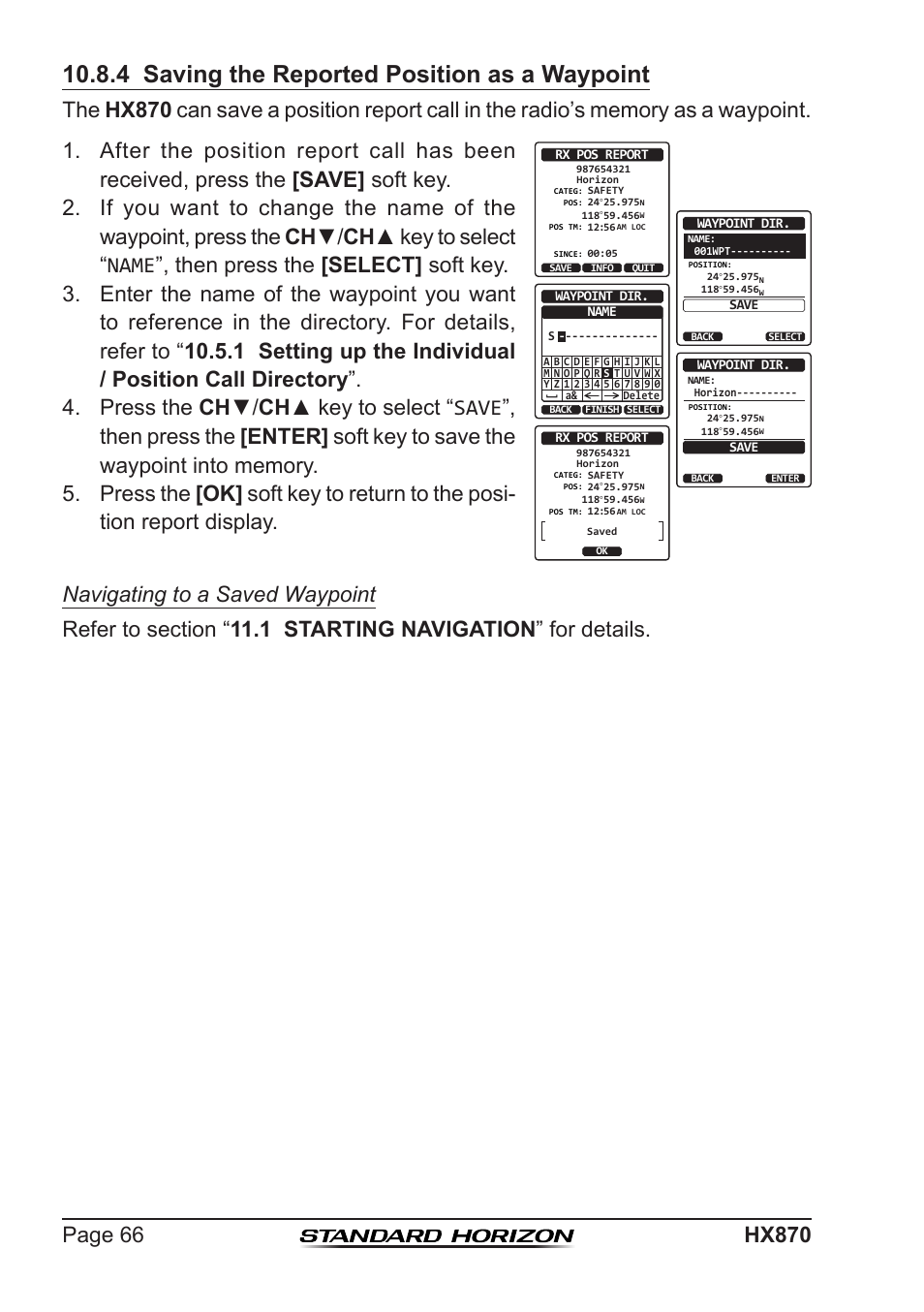 4 saving the reported position as a waypoint | Standard Horizon HX-870 User Manual | Page 66 / 140