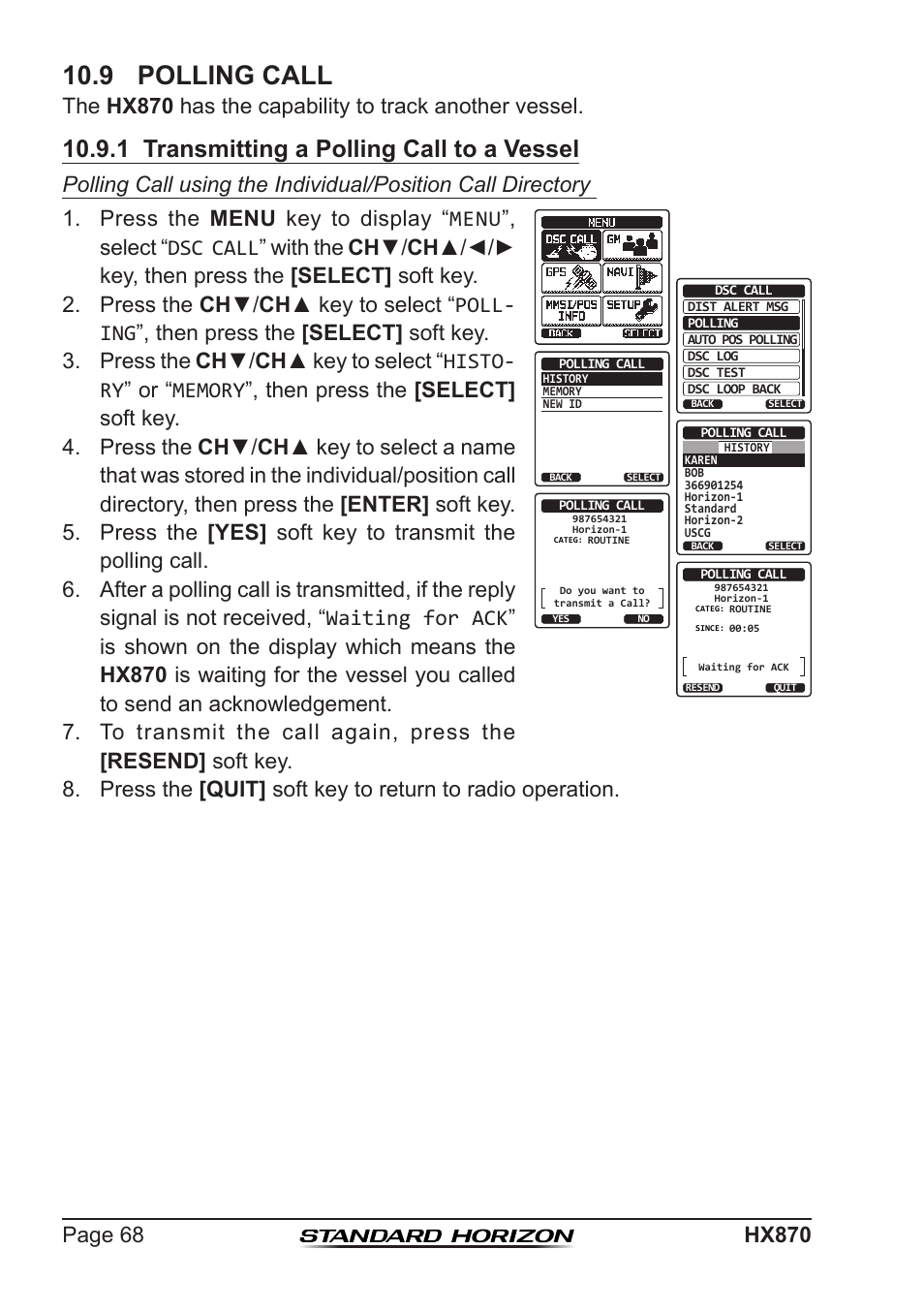 9 polling call, 1 transmitting a polling call to a vessel | Standard Horizon HX-870 User Manual | Page 68 / 140