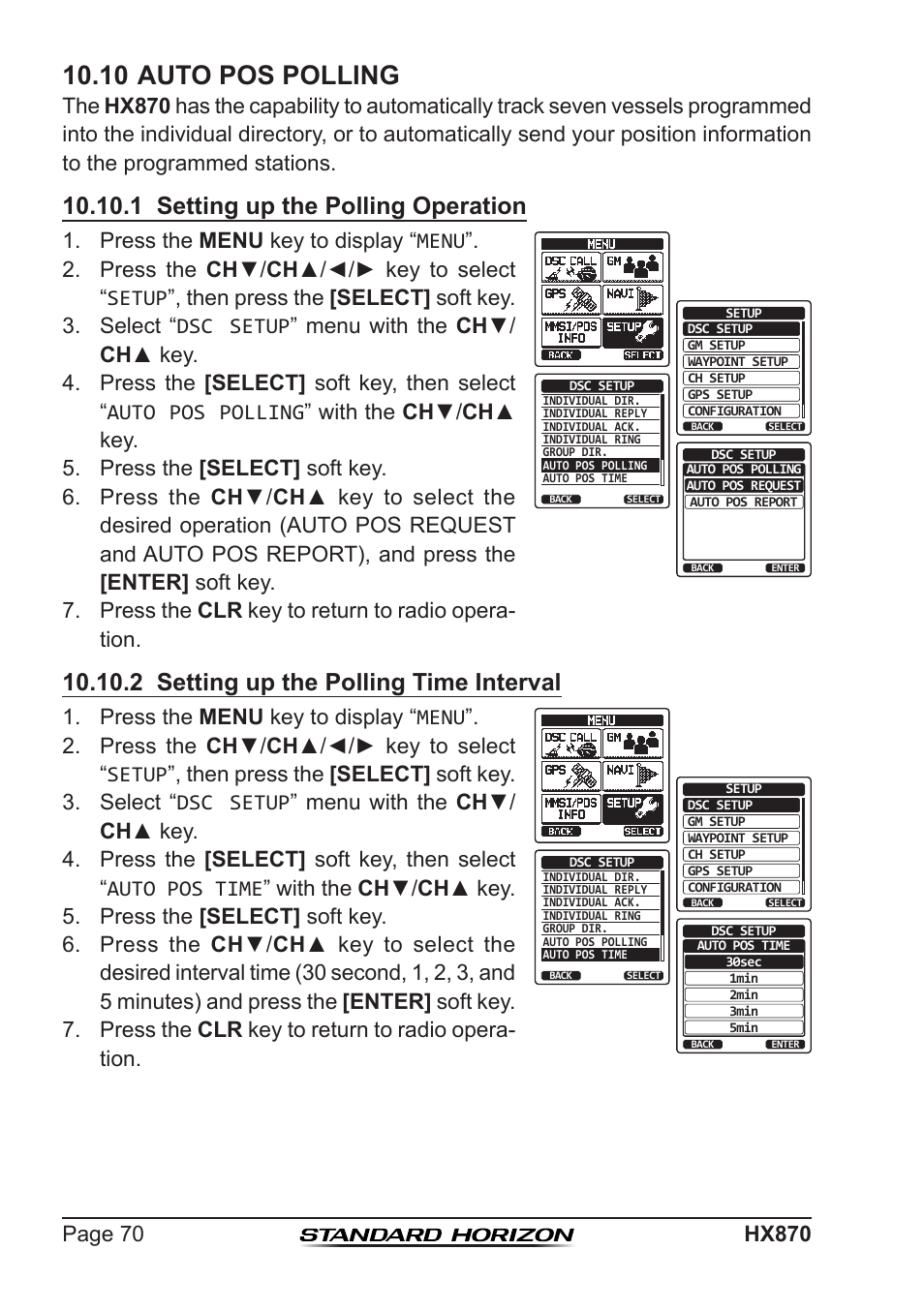 10 auto pos polling, 1 setting up the polling operation, 2 setting up the polling time interval | Press the menu key to display “menu | Standard Horizon HX-870 User Manual | Page 70 / 140