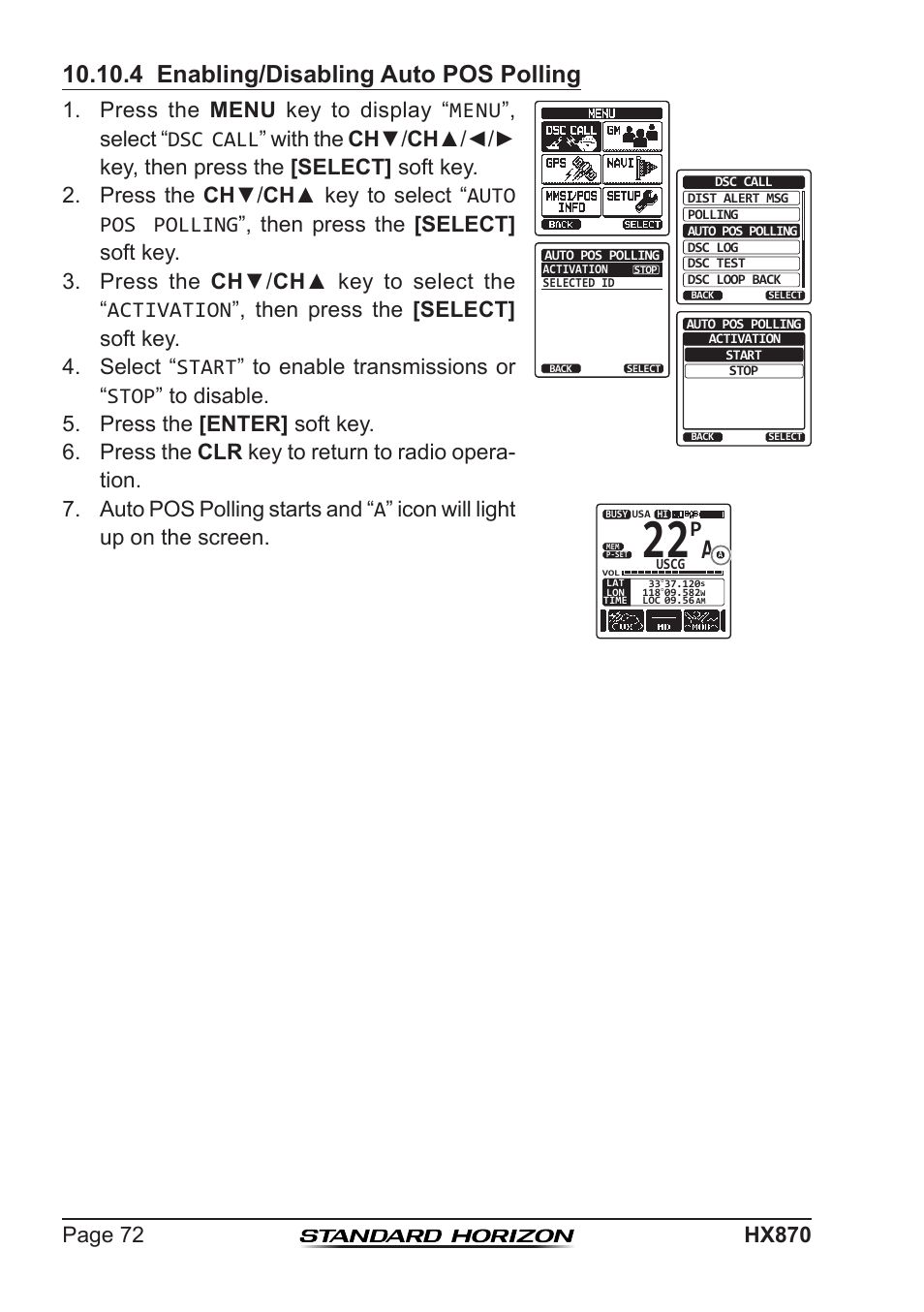 4 enabling/disabling auto pos polling | Standard Horizon HX-870 User Manual | Page 72 / 140