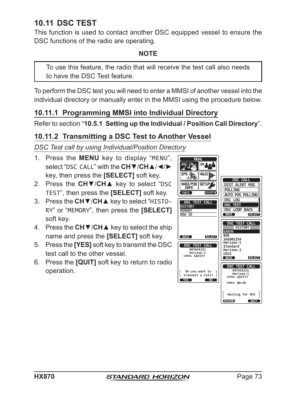 11 dsc test, 1 programming mmsi into individual directory, 2 transmitting a dsc test to another vessel | Standard Horizon HX-870 User Manual | Page 73 / 140