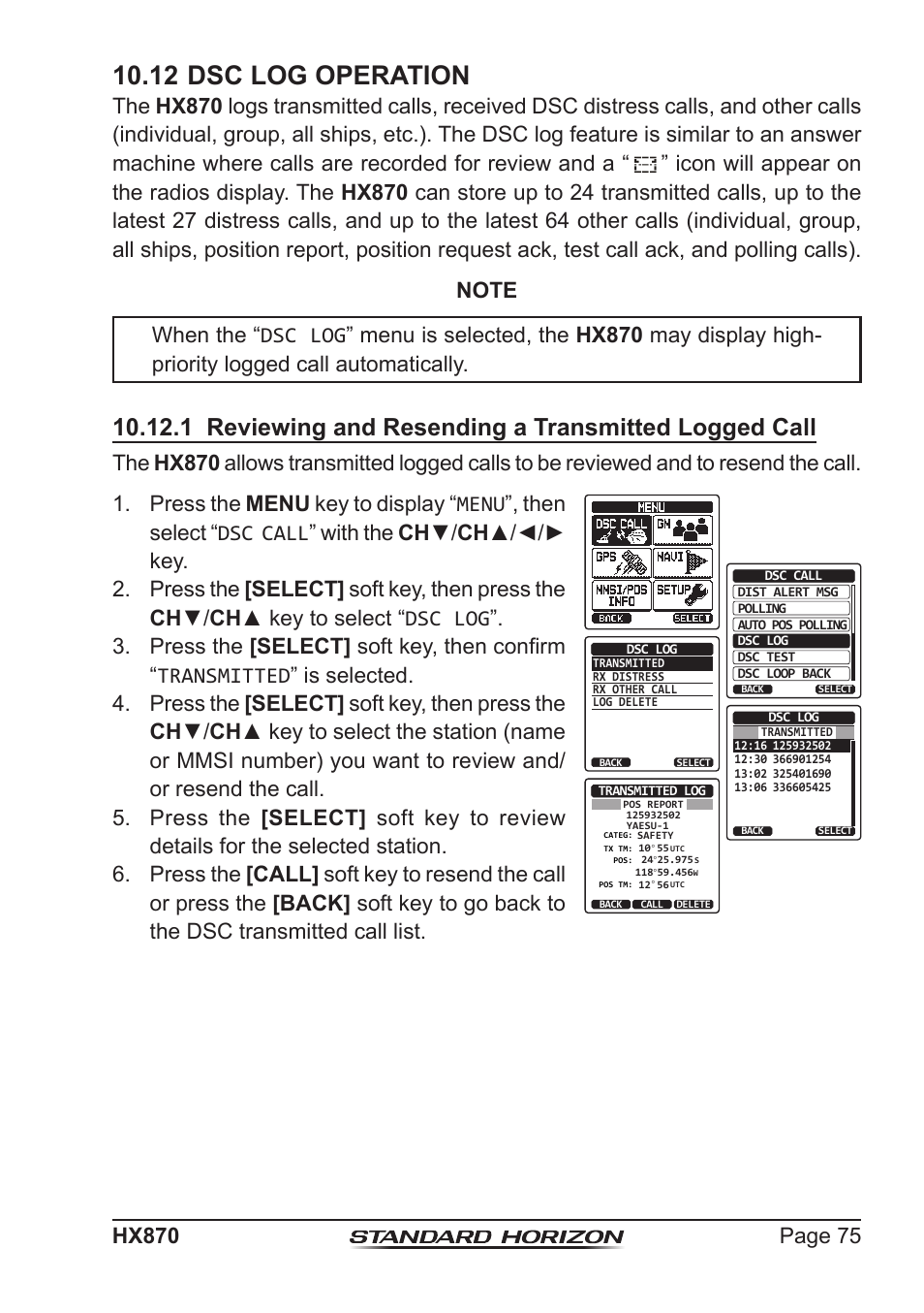 12 dsc log operation | Standard Horizon HX-870 User Manual | Page 75 / 140