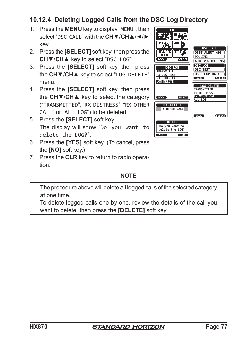 4 deleting logged calls from the dsc log directory | Standard Horizon HX-870 User Manual | Page 77 / 140