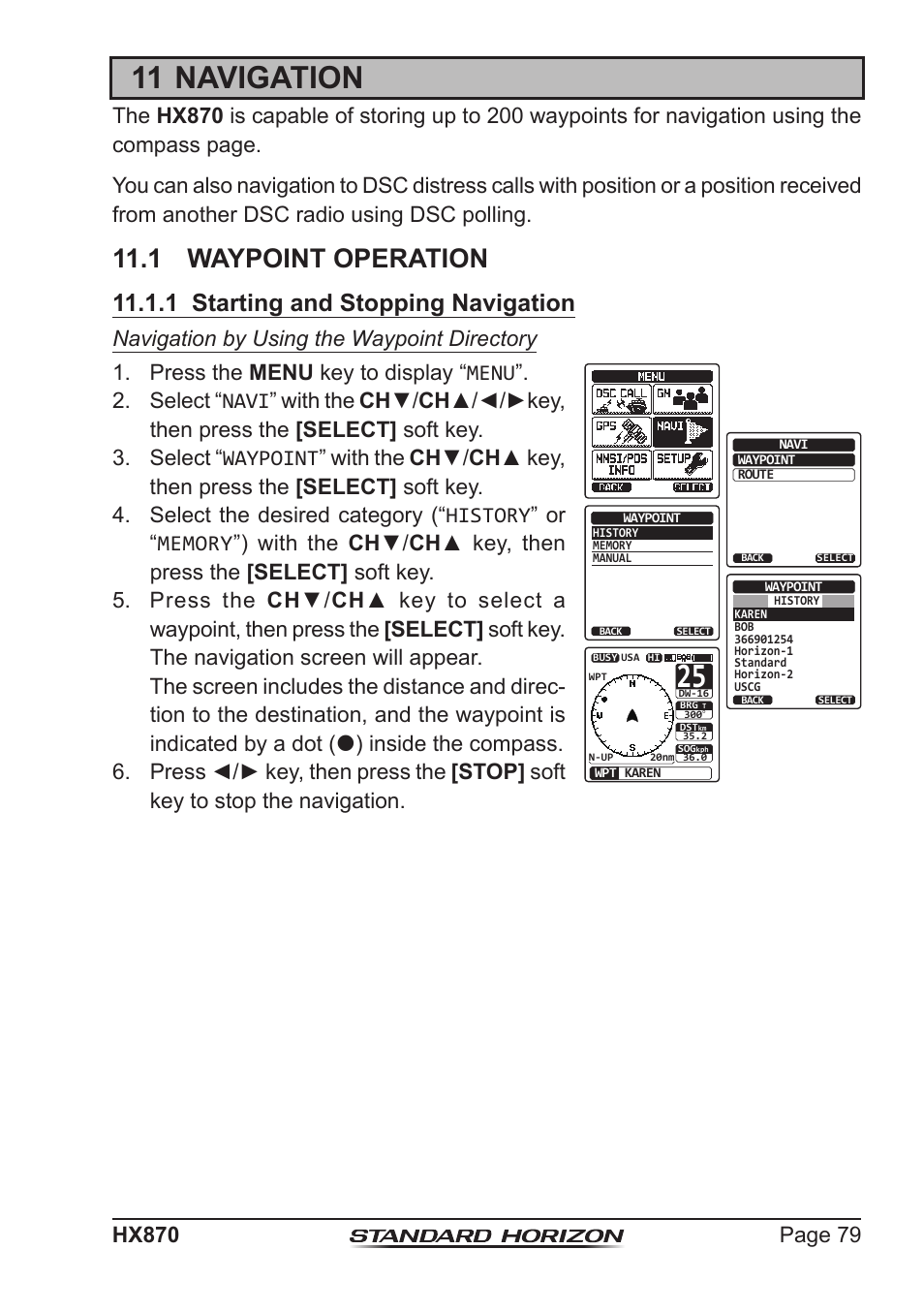 11 navigation, 1 waypoint operation, 1 starting and stopping navigation | Standard Horizon HX-870 User Manual | Page 79 / 140