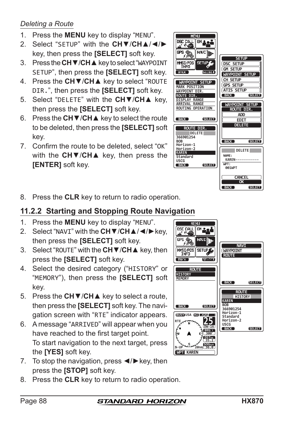 2 starting and stopping route navigation, Press the menu key to display “menu | Standard Horizon HX-870 User Manual | Page 88 / 140