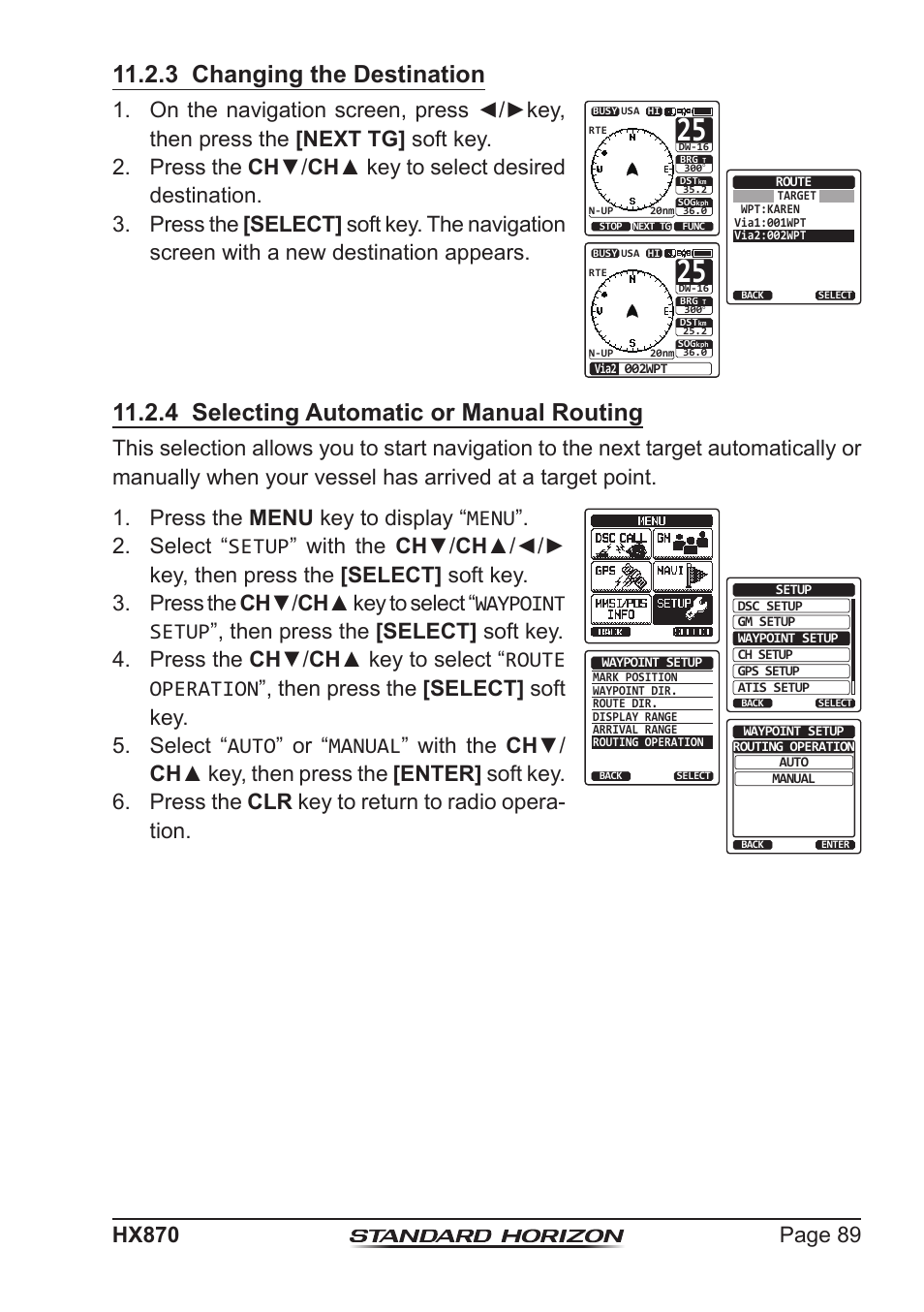 3 changing the destination, 4 selecting automatic or manual routing | Standard Horizon HX-870 User Manual | Page 89 / 140