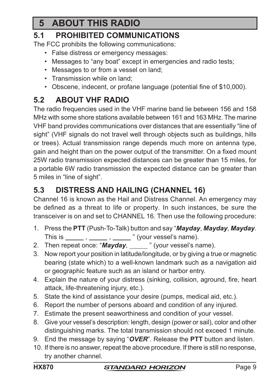 5 about this radio, 1 prohibited communications, 2 about vhf radio | 3 distress and hailing (channel 16) | Standard Horizon HX-870 User Manual | Page 9 / 140