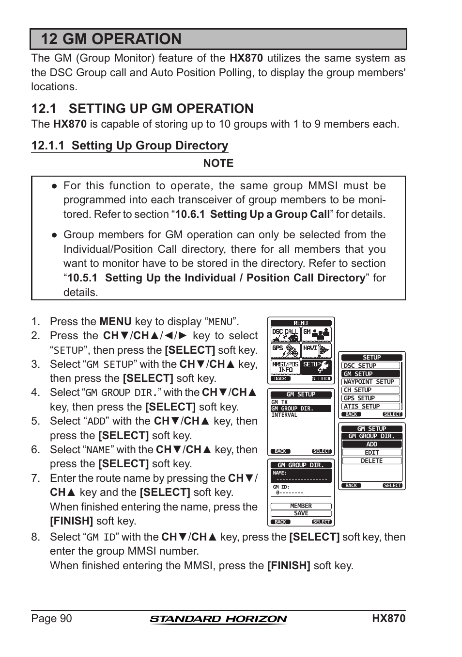 12 gm operation, 1 setting up gm operation, 1 setting up group directory | Standard Horizon HX-870 User Manual | Page 90 / 140