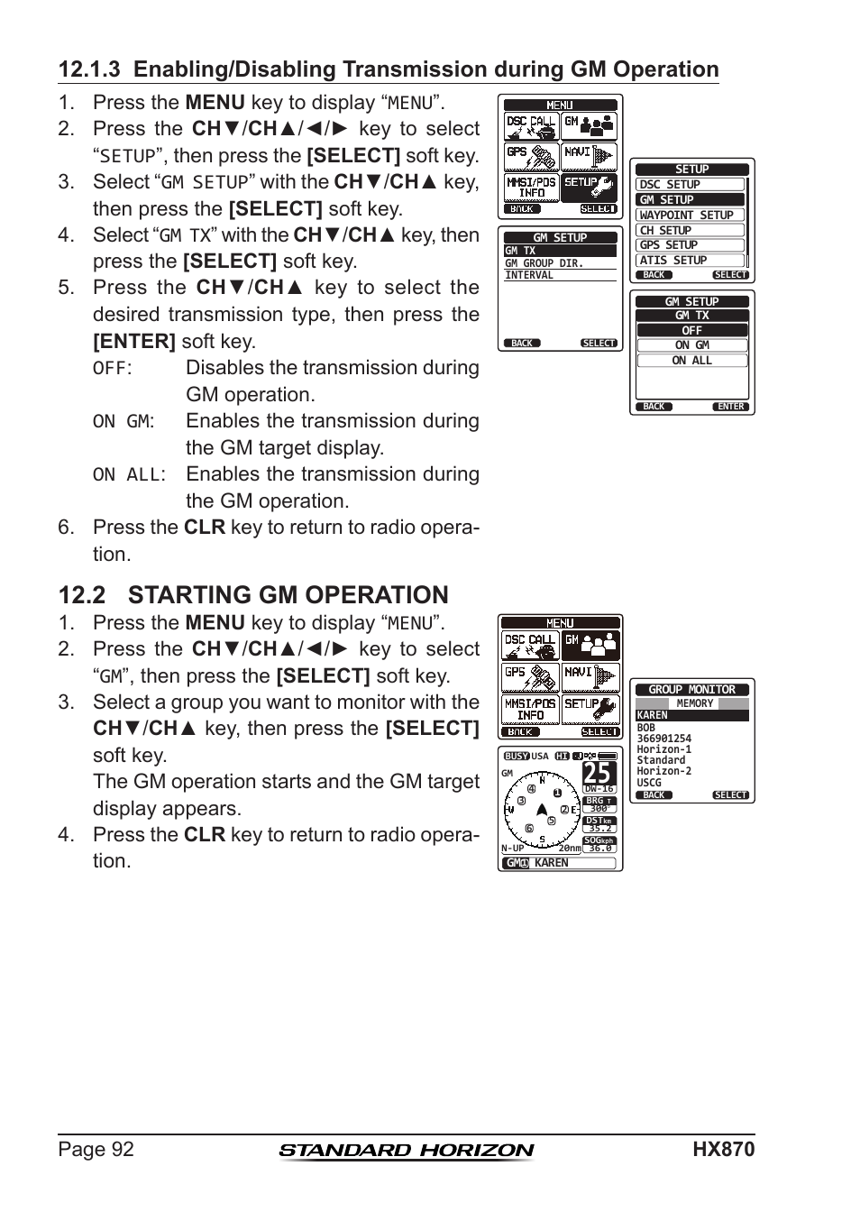 2 starting gm operation, Press the menu key to display “menu | Standard Horizon HX-870 User Manual | Page 92 / 140