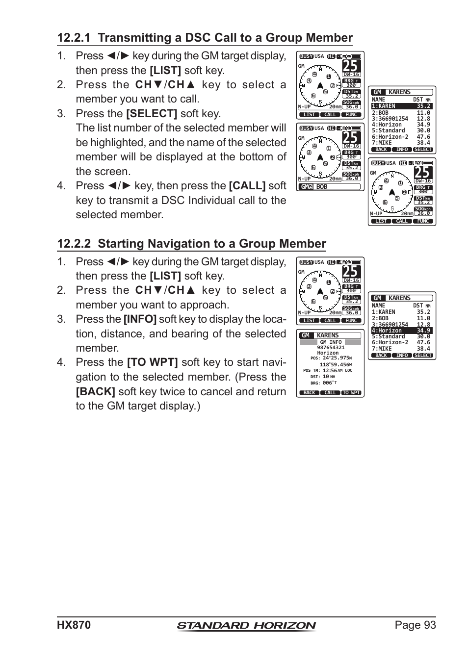 1 transmitting a dsc call to a group member, 2 starting navigation to a group member | Standard Horizon HX-870 User Manual | Page 93 / 140