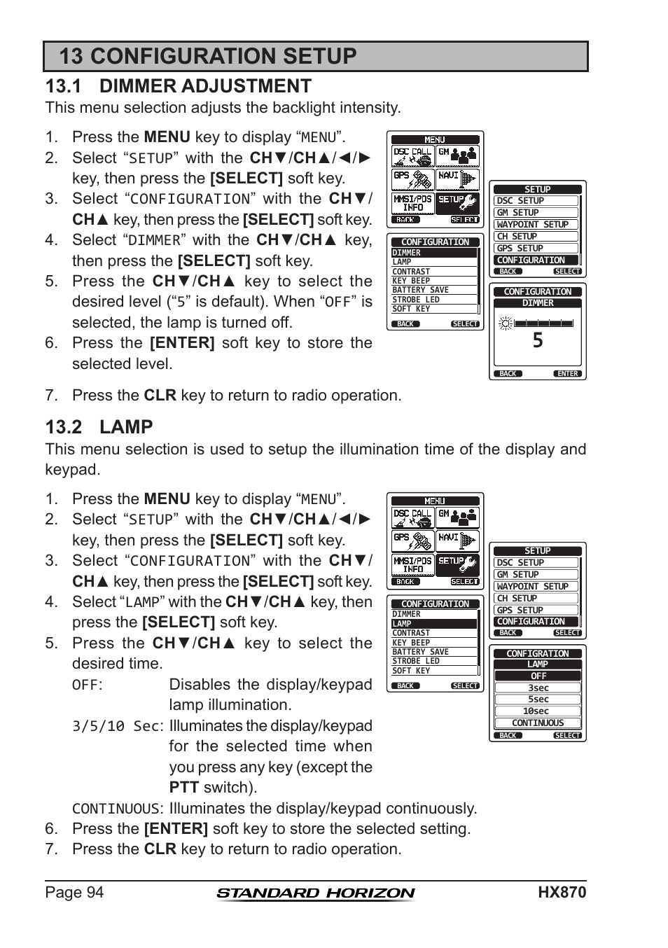 13 configuration setup, 1 dimmer adjustment, 2 lamp | Standard Horizon HX-870 User Manual | Page 94 / 140