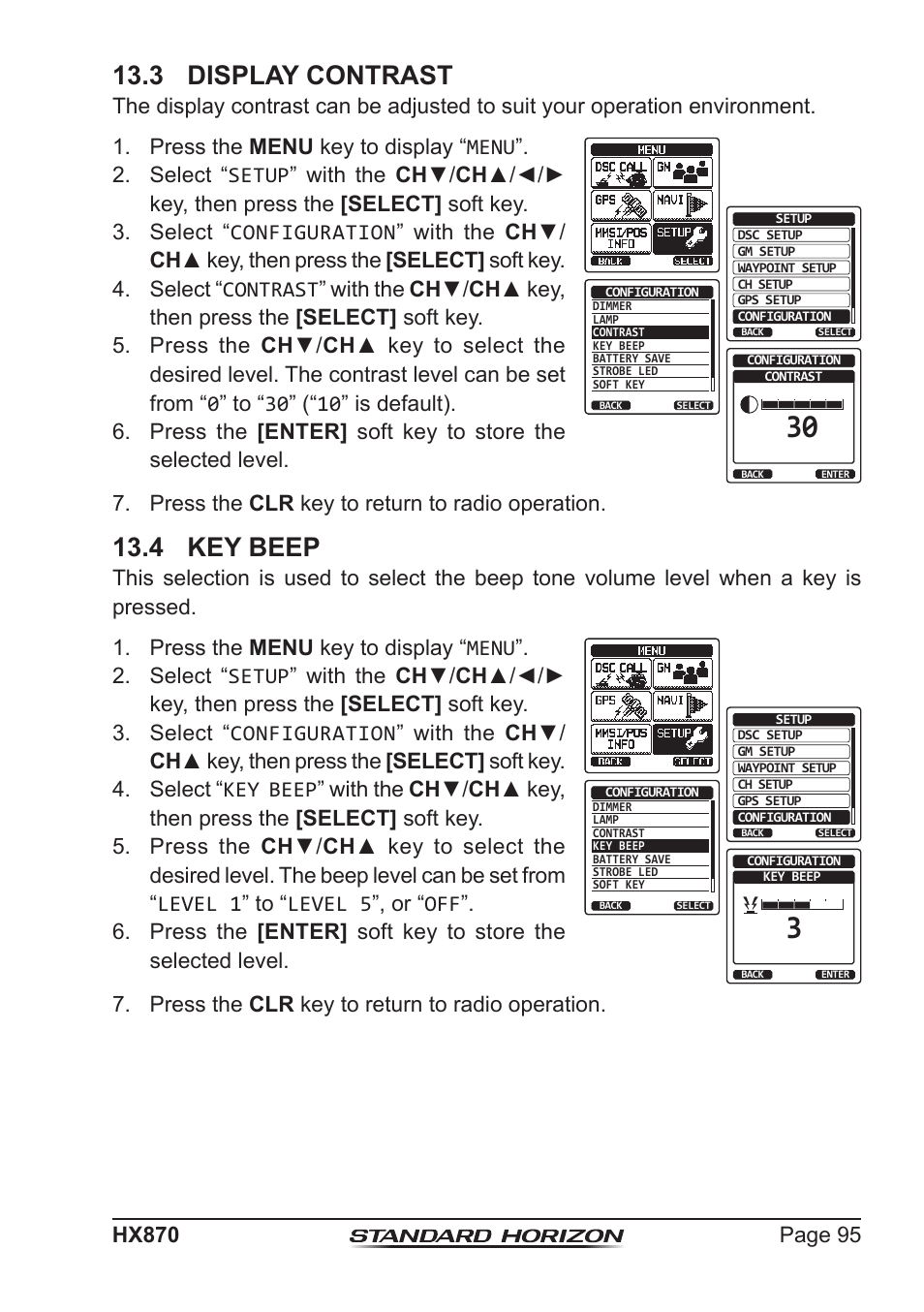 3 display contrast, 4 key beep | Standard Horizon HX-870 User Manual | Page 95 / 140