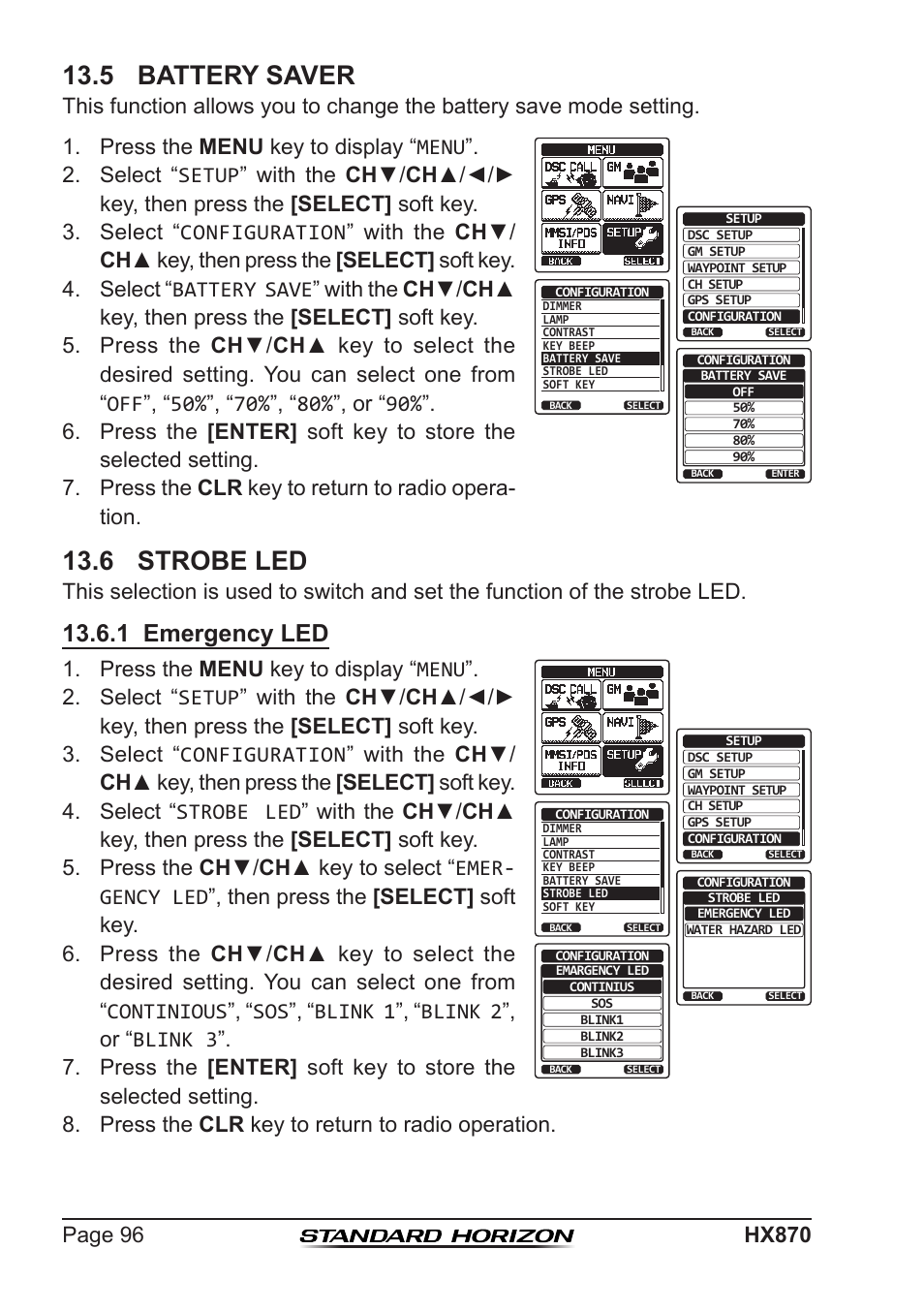 5 battery saver, 6 strobe led, 1 emergency led | Press the menu key to display “menu | Standard Horizon HX-870 User Manual | Page 96 / 140