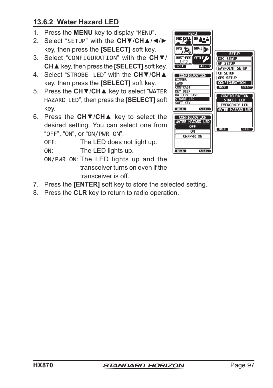 2 water hazard led, Press the menu key to display “menu | Standard Horizon HX-870 User Manual | Page 97 / 140