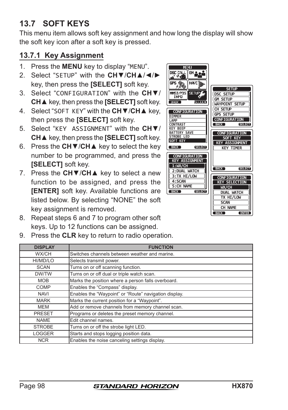 7 soft keys, 1 key assignment, Press the menu key to display “menu | Standard Horizon HX-870 User Manual | Page 98 / 140