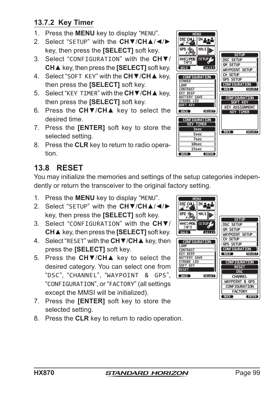 8 reset, 2 key timer, Press the menu key to display “menu | Standard Horizon HX-870 User Manual | Page 99 / 140