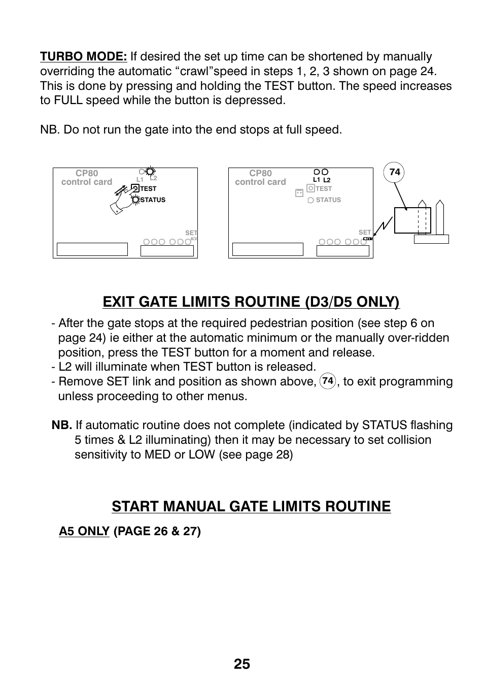 Exit gate limits routine (d3/d5 only), Start manual gate limits routine | Centurion CP72SR5 User Manual | Page 27 / 36