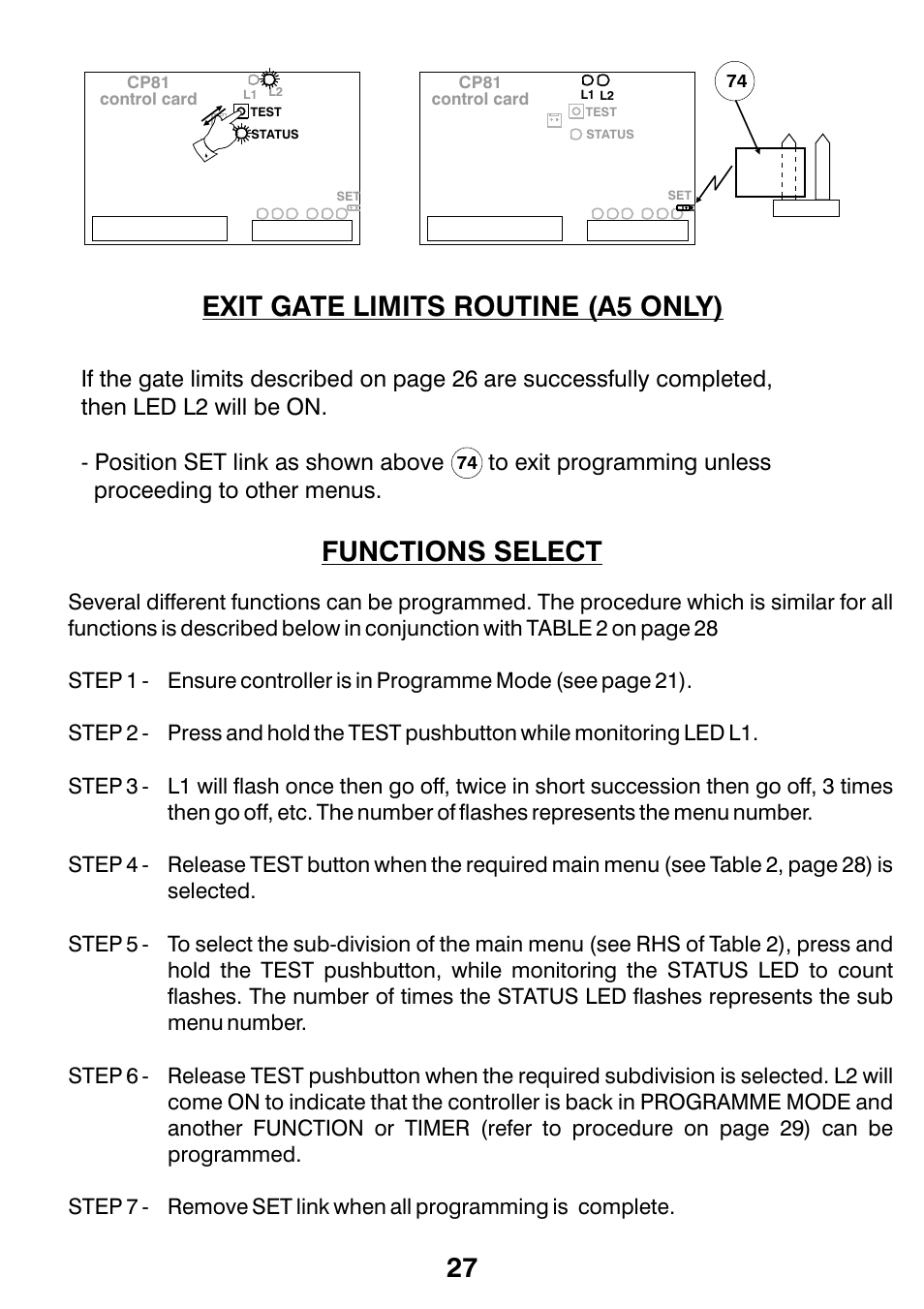 Exit gate limits routine (a5 only), Functions select | Centurion CP72SR5 User Manual | Page 29 / 36