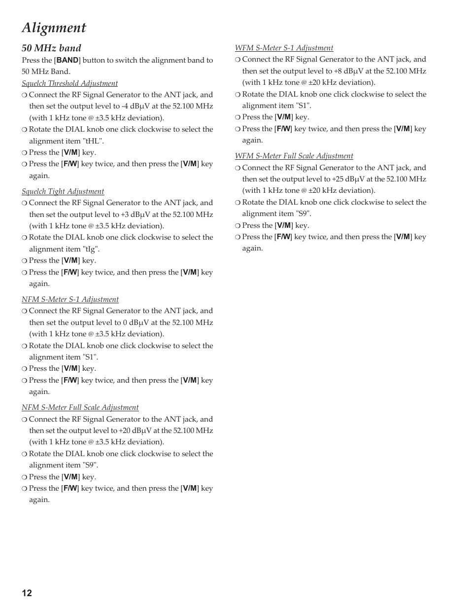50 mhz band, Squelch threshold adjustment, Squelch tight adjustment | Nfm s-meter s-1 adjustment, Nfm s-meter full scale adjustment, Wfm s-meter s-1 adjustment, Wfm s-meter full scale adjustment, Alignment | Yaesu VX-3R Сервис-мануал User Manual | Page 12 / 44