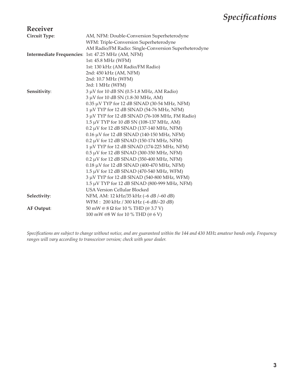Specifications, Receiver | Yaesu VX-3R Сервис-мануал User Manual | Page 3 / 44