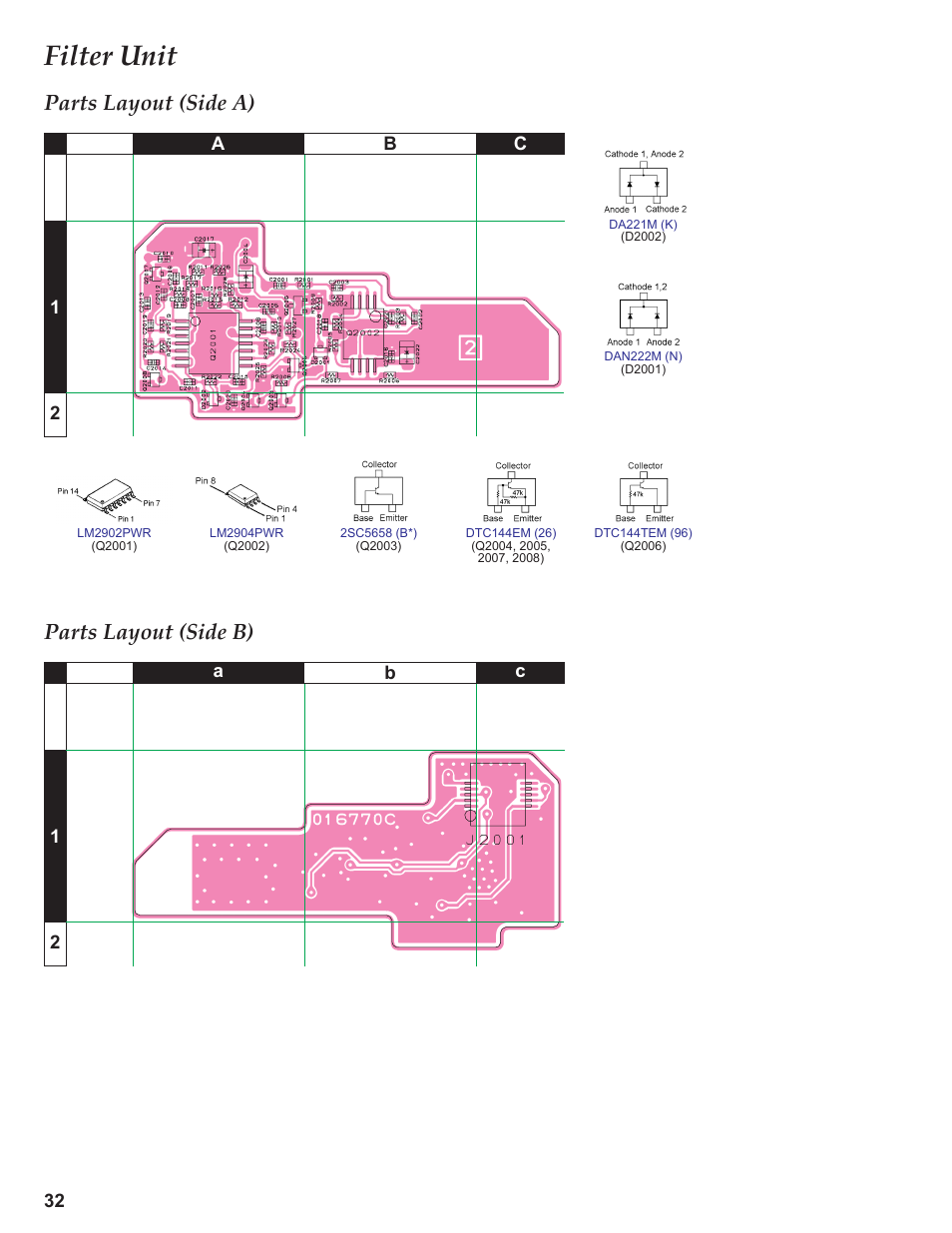 Parts layout (side a), Parts layout (side b), Filter unit | Yaesu VX-3R Сервис-мануал User Manual | Page 32 / 44