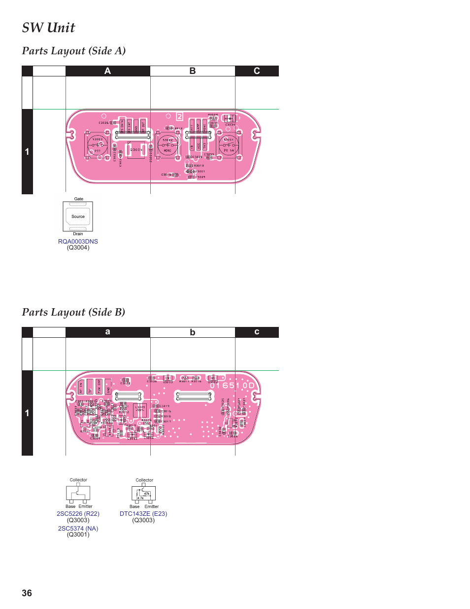 Parts layout (side a), Parts layout (side b), Sw unit | Yaesu VX-3R Сервис-мануал User Manual | Page 36 / 44