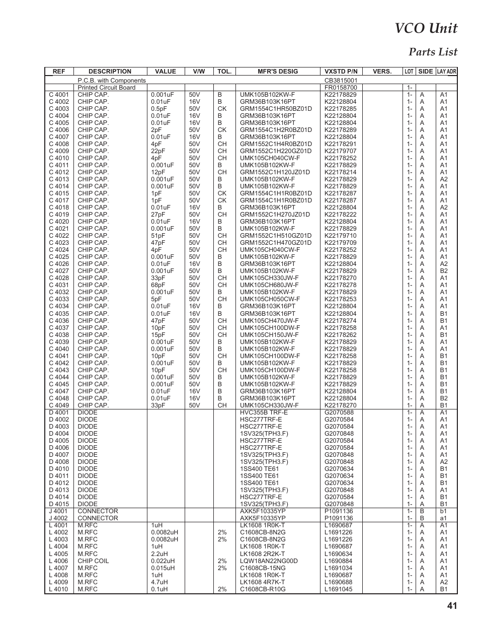 Parts list, C 4xxx, D 4xxx | J 4xxx, L 4xxx, Vco unit | Yaesu VX-3R Сервис-мануал User Manual | Page 41 / 44