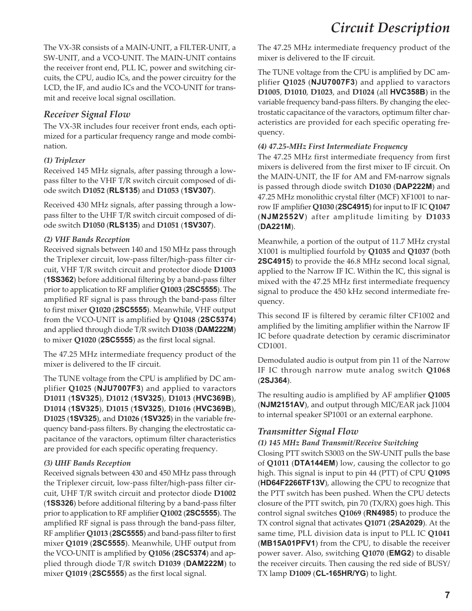 Circuit description, Receiver signal flow, 1) triplexer | 2) vhf bands reception, 3) uhf bands reception, 4) 47.25-mhz first intermediate frequency, Transmitter signal flow, 1) 145 mhz band transmit/receive switching | Yaesu VX-3R Сервис-мануал User Manual | Page 7 / 44