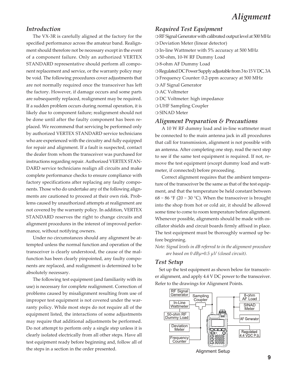 Alignment, Introduction, Required test equipment | Alignment preparation & precautions, Test setup | Yaesu VX-3R Сервис-мануал User Manual | Page 9 / 44