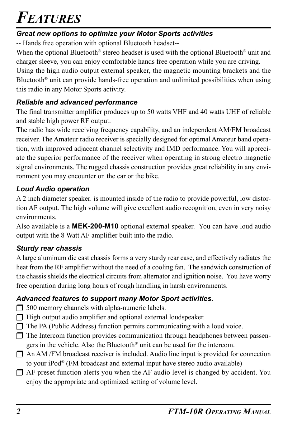 Eatures, 2ftm-10r o | Yaesu FTM-10R User Manual | Page 4 / 108