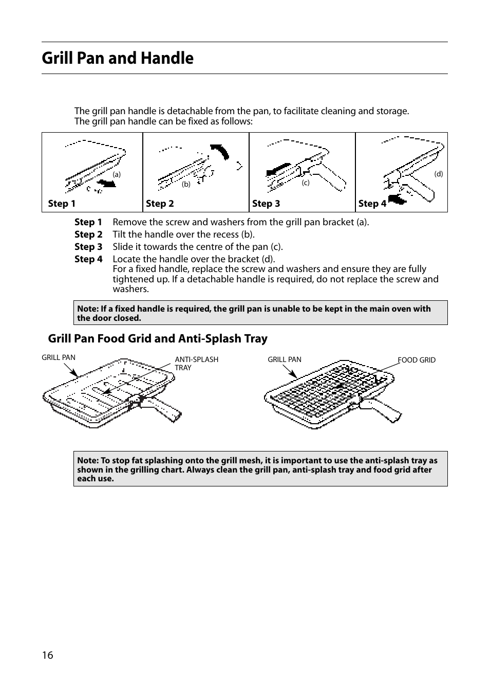 Grill pan and handle, Grill pan food grid and anti-splash tray | Creda CB01E User Manual | Page 16 / 36