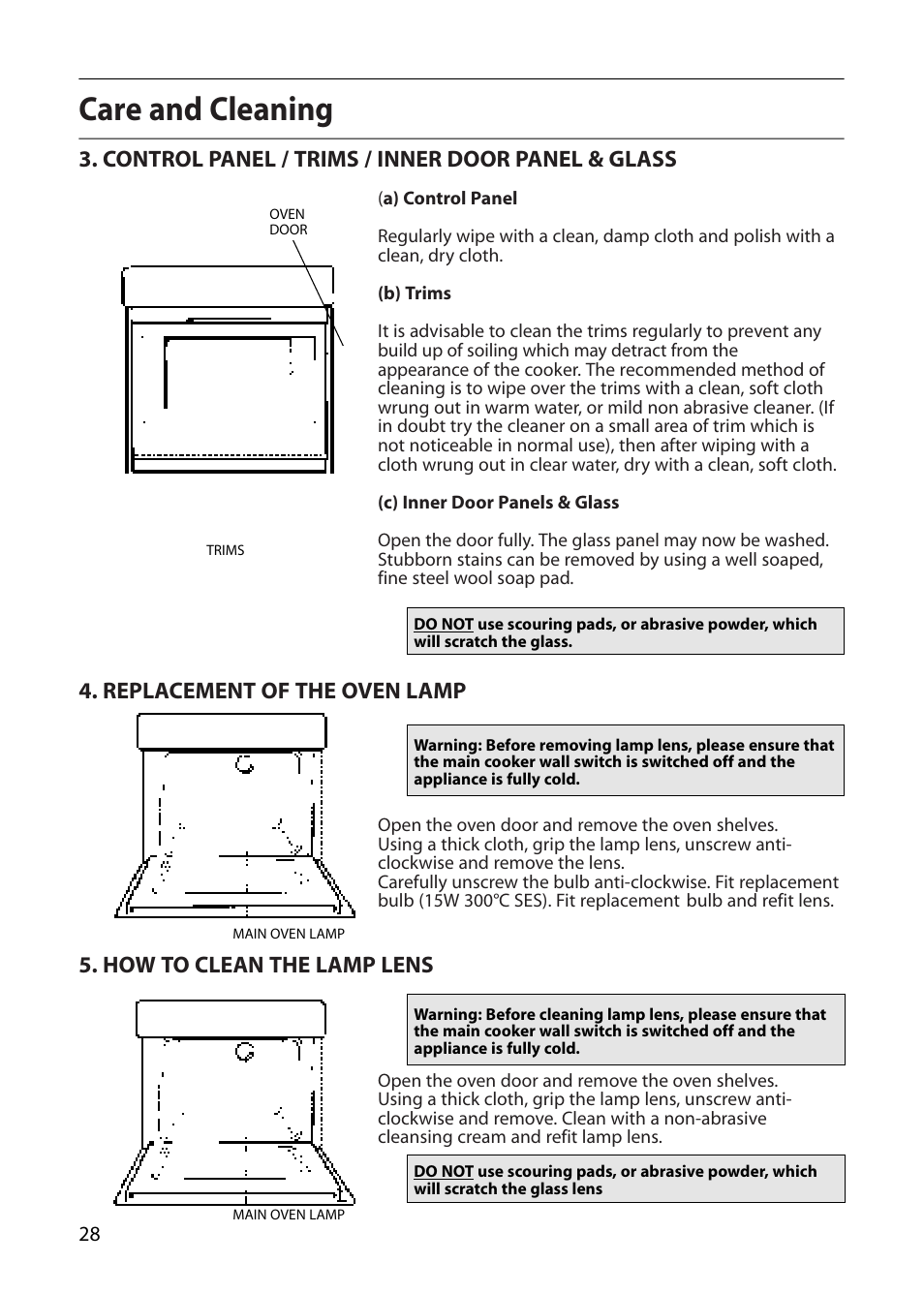 Care and cleaning, Control panel / trims / inner door panel & glass, Replacement of the oven lamp | How to clean the lamp lens | Creda CB01E User Manual | Page 28 / 36