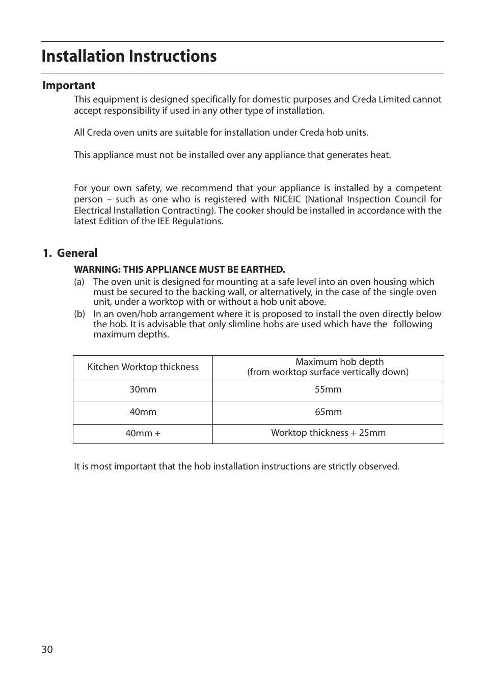 Installation instructions | Creda CB01E User Manual | Page 30 / 36