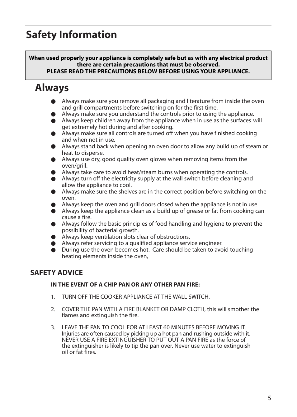Always, Safety information | Creda CB01E User Manual | Page 5 / 36
