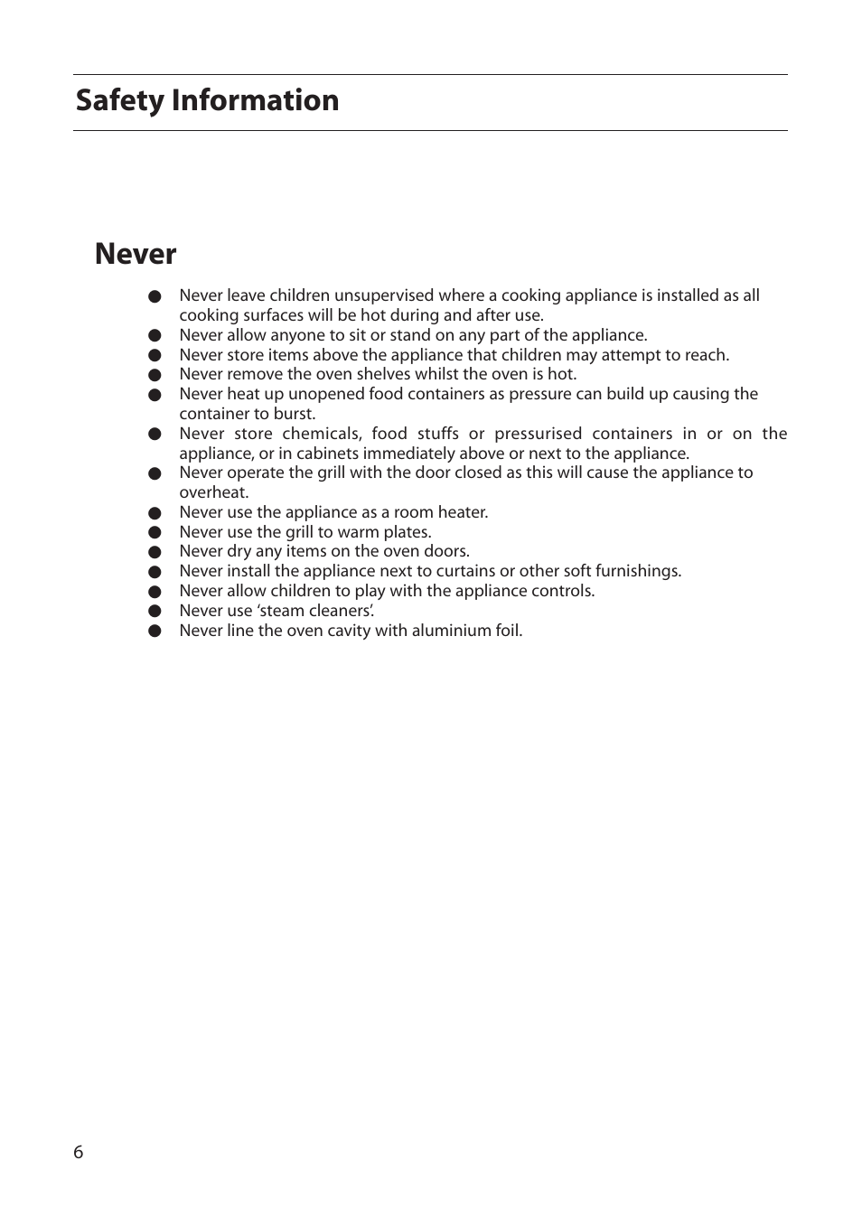 Never, Safety information | Creda CB01E User Manual | Page 6 / 36