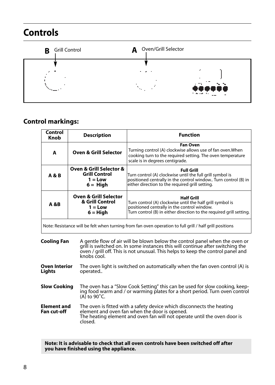 Controls, Control markings | Creda CB01E User Manual | Page 8 / 36