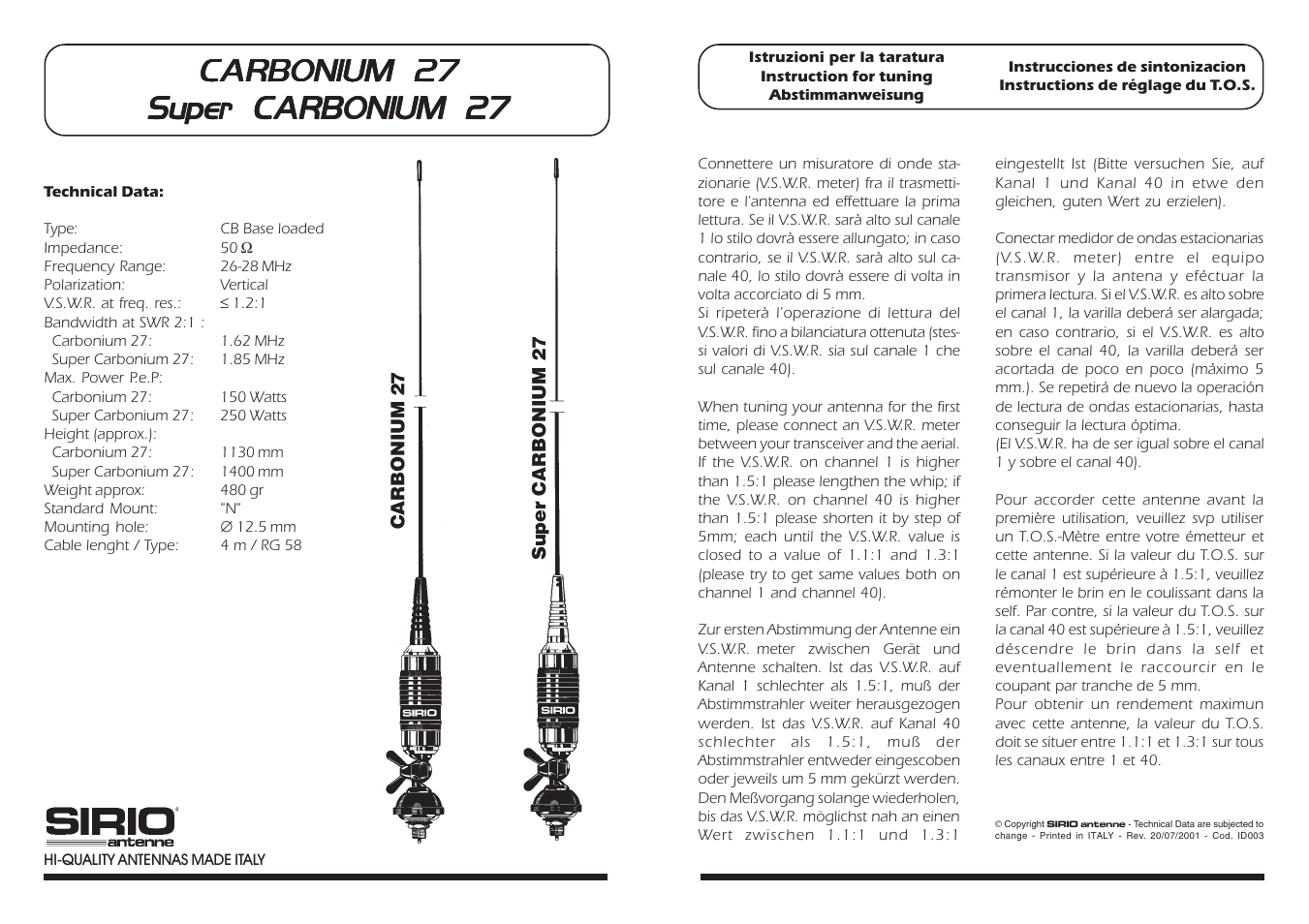 Sirio Super Carbonium 27 User Manual | 1 page