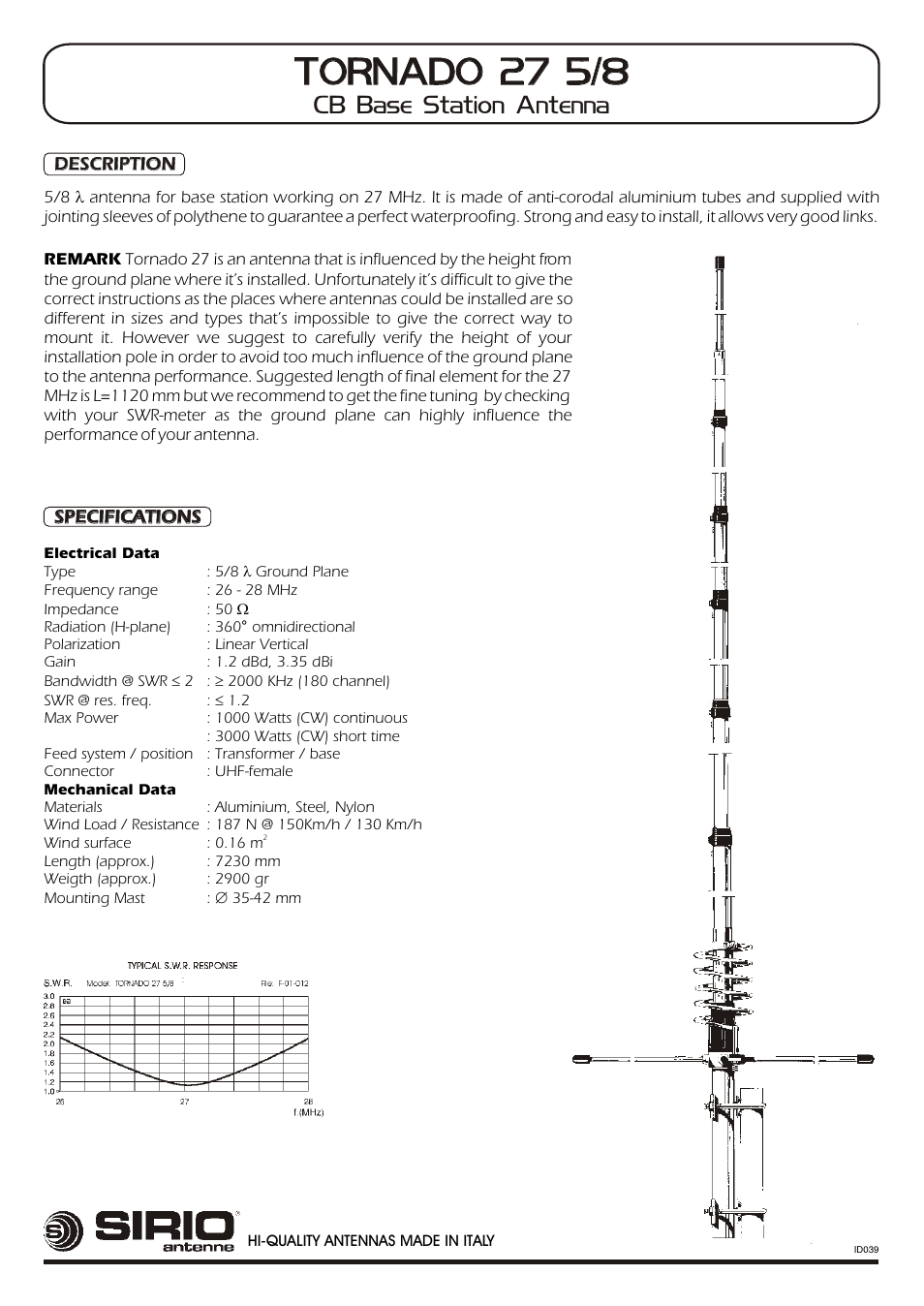 Sirio Tornado 27 User Manual | 2 pages