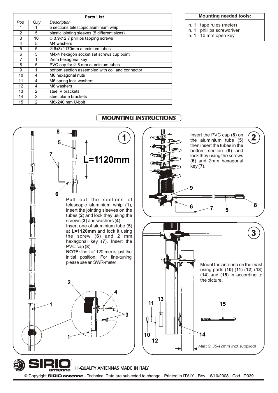 L=1120mm | Sirio Tornado 27 User Manual | Page 2 / 2