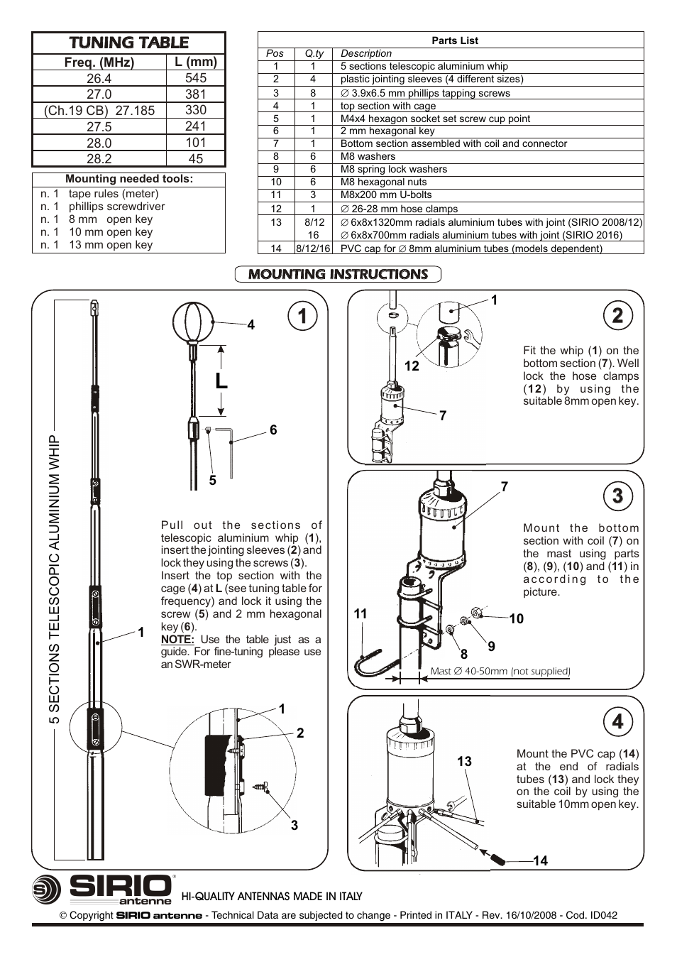 Tuning table | Sirio 2016 User Manual | Page 2 / 2