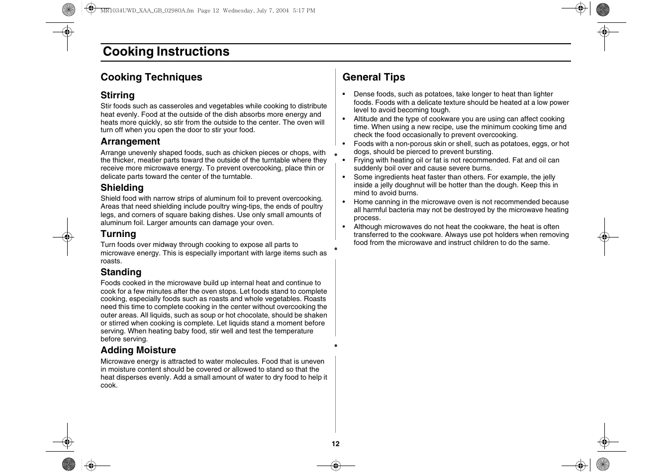 Cooking instructions | Creda MR1034 User Manual | Page 12 / 20