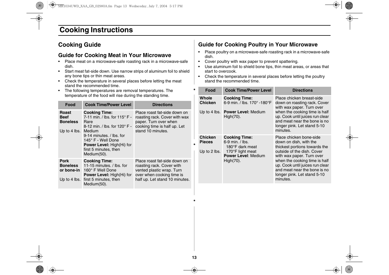 Cooking instructions, Cooking guide | Creda MR1034 User Manual | Page 13 / 20