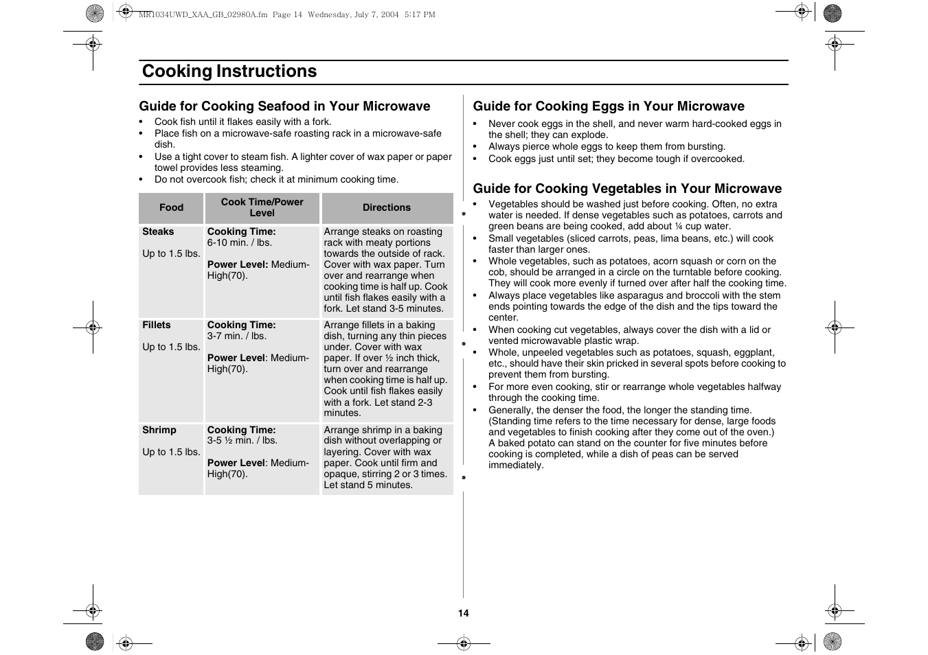 Cooking instructions | Creda MR1034 User Manual | Page 14 / 20