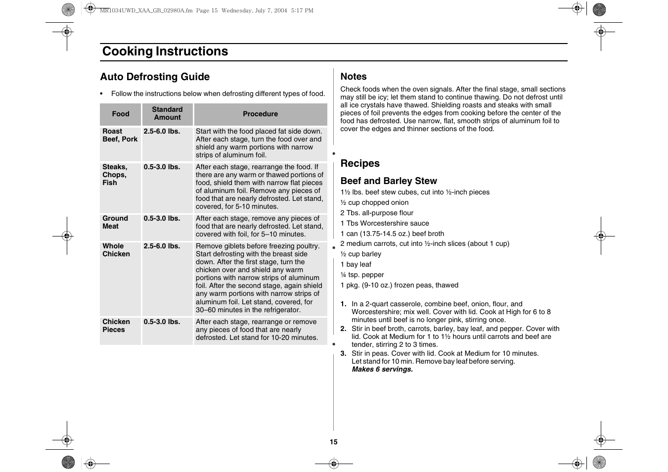 Cooking instructions, Auto defrosting guide, Recipes | Creda MR1034 User Manual | Page 15 / 20
