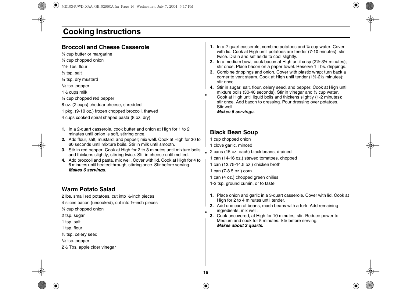 Cooking instructions | Creda MR1034 User Manual | Page 16 / 20