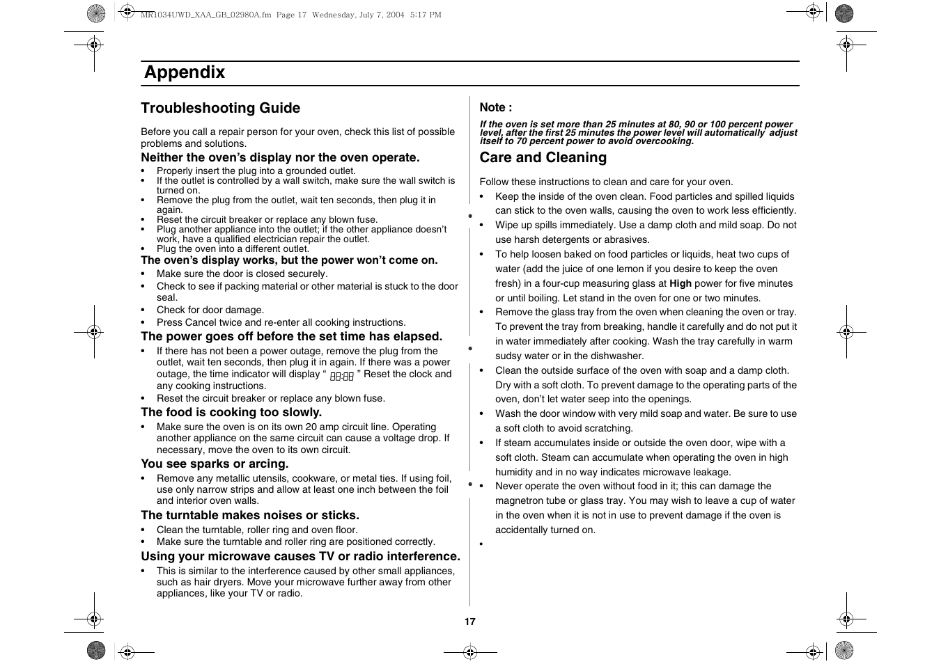 Appendix, Troubleshooting guide, Care and cleaning | Creda MR1034 User Manual | Page 17 / 20