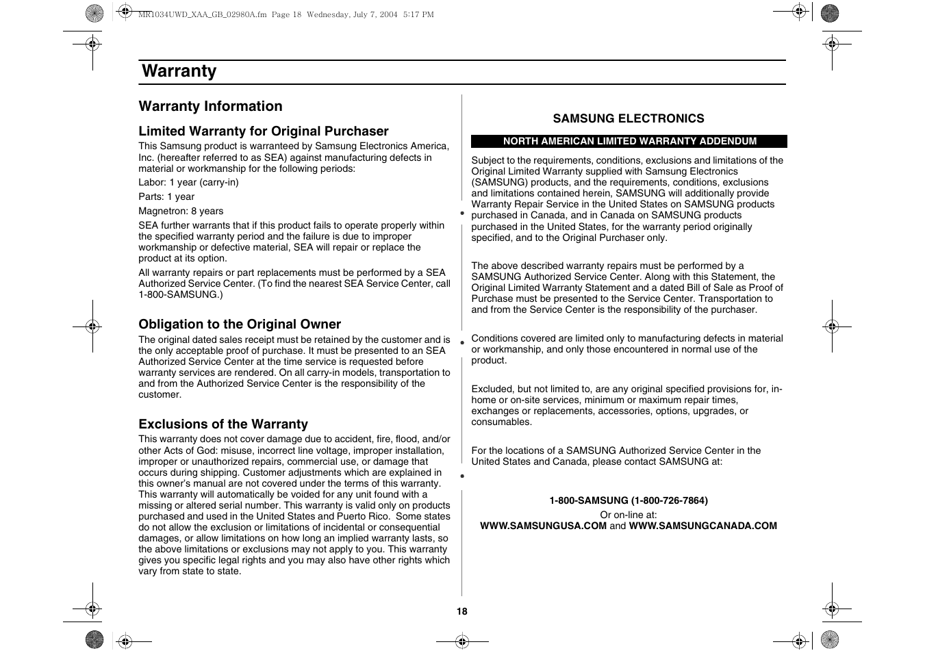 Warranty | Creda MR1034 User Manual | Page 18 / 20
